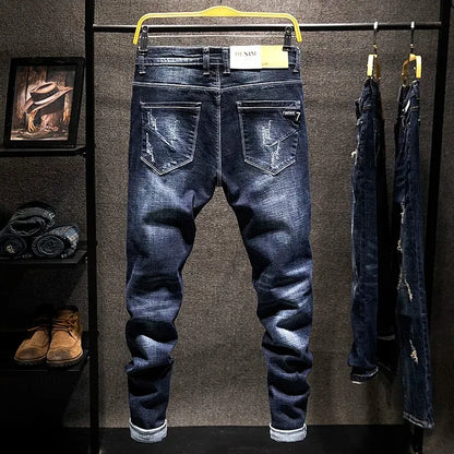 Jeans Hombre High Street | Pantalón Slim Fit Ripped Recto Elástico Streetwear Todo el Año 2025