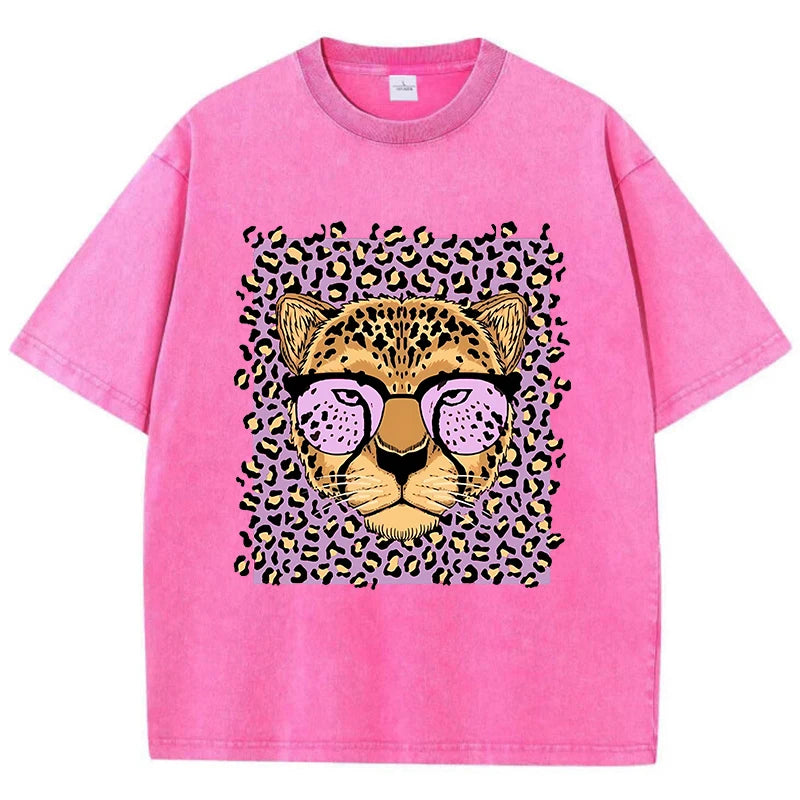 Camiseta Oversize Mujer Vintage | Algodón Lavado Ácido Estampado Leopardo Caricaturas