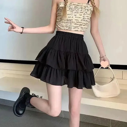 Falda Plisada Mujer Blanca | A-line Preppy Sweet con Volantes y Cintura Elástica Verano