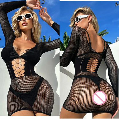 Vestido Mini Mujer 2025 | Lencería Sexy de Malla Transparente y Hollow Out