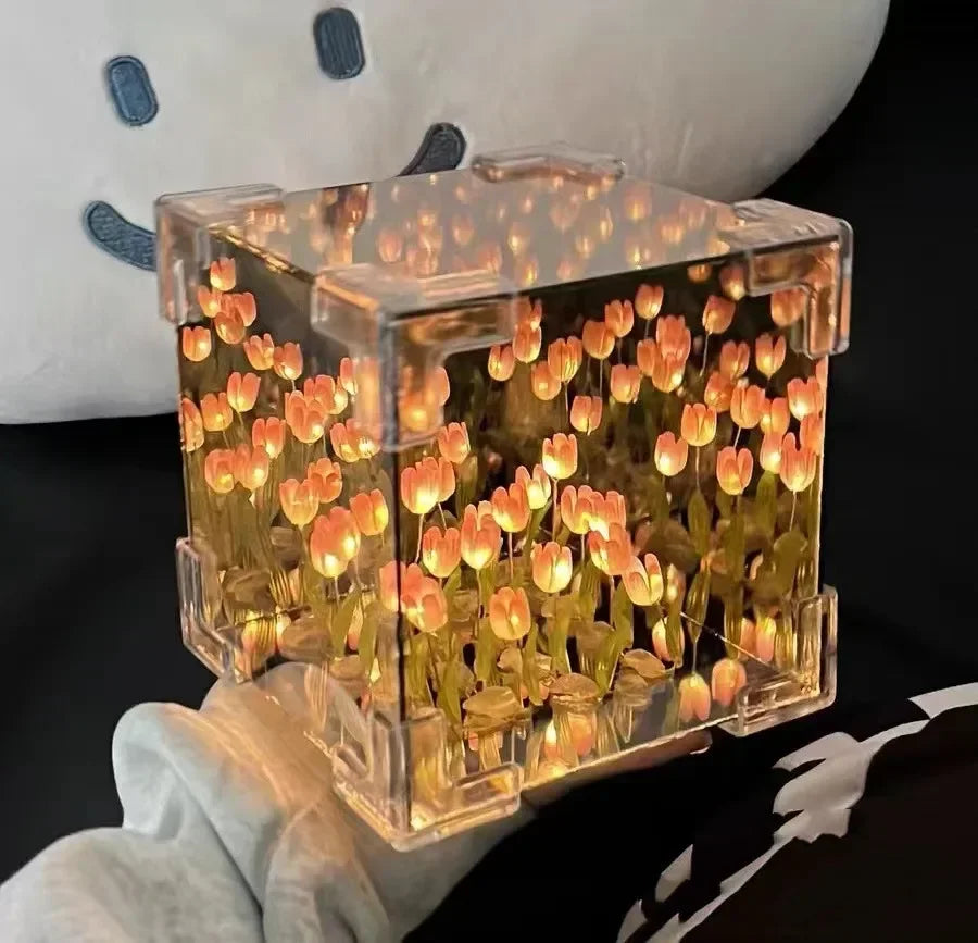 Lámpara cúbica DIY tulipán con espejo – Luz nocturna de mesa simulación flor para dormitorio