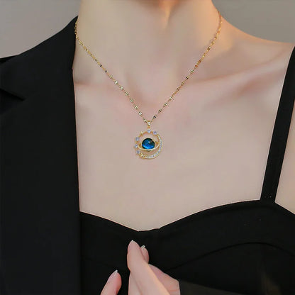 Collar Cielo Estrellado con Planeta y Luna – Cadena Clavicular de Acero Inoxidable de Lujo