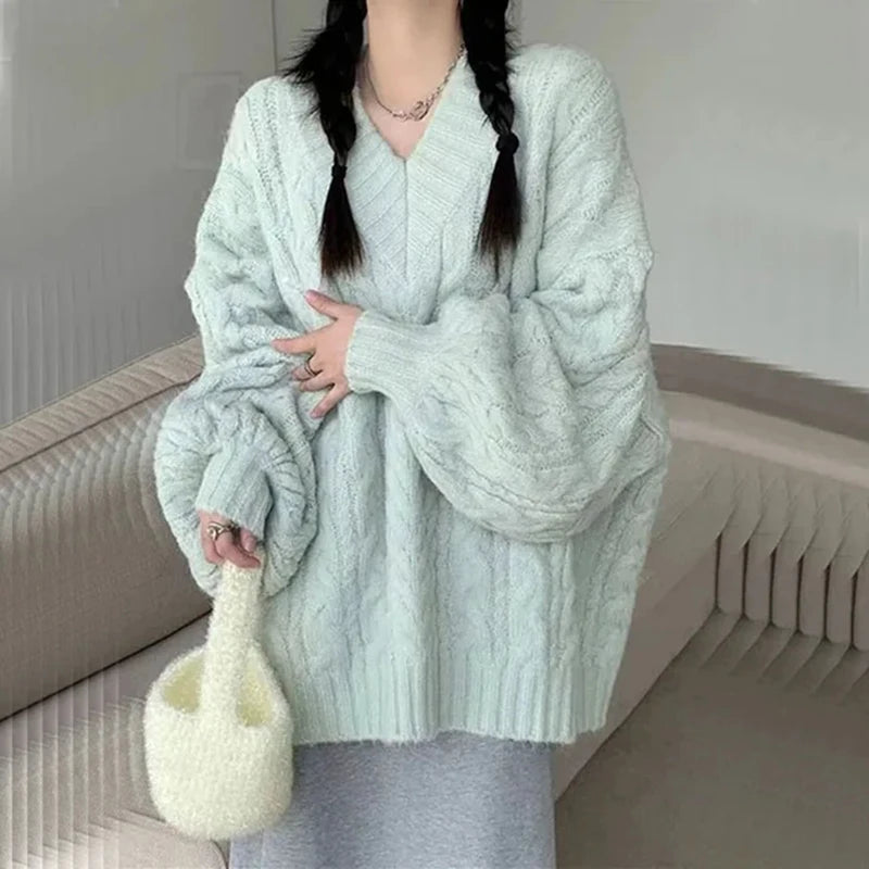 Suéter Oversize Mujer Tejido | Jersey de Punto V-Cuello Harajuku Coreano Otoño Invierno