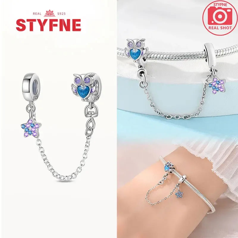 Charm Gato con Corazón de Plata 925 | Cadena de Seguridad para Pulseras Pandora Mujer