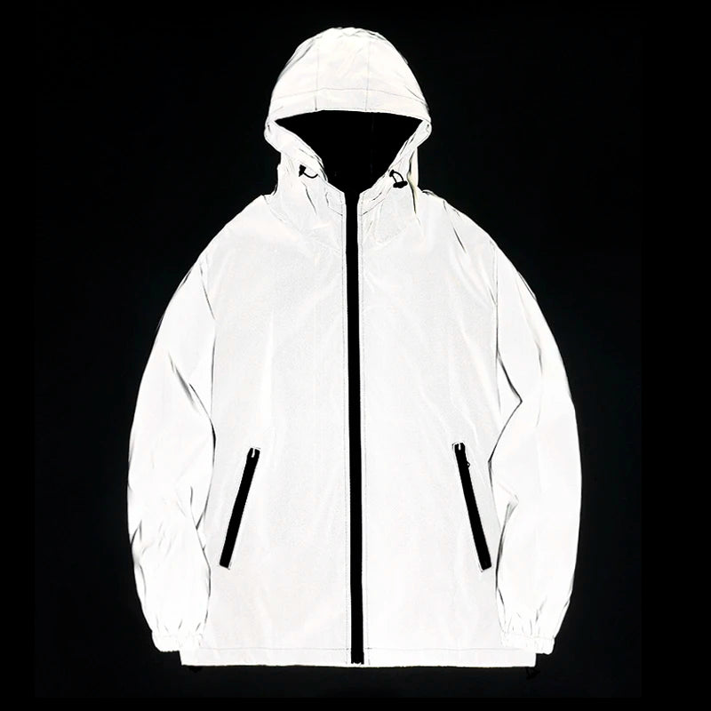 Chaqueta Rompevientos Unisex Reflectante con Capucha Impermeable Estilo Hip Hop