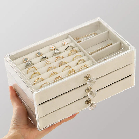 Joyero de Terciopelo y Acrílico con 3 Cajones Apilables | Organizador de Joyería para Collares, Pulseras y Aretes