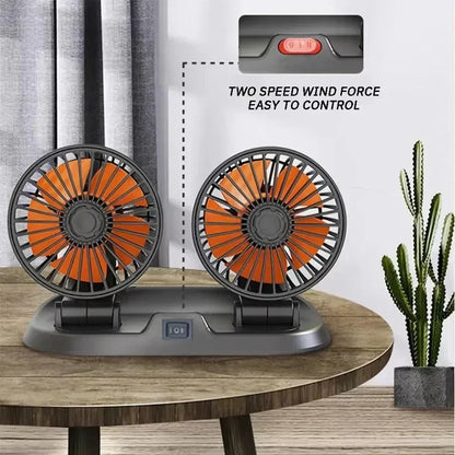 Ventilador de Coche Multi-Voltaje | Doble Cabezal USB Enfriador | 2 Velocidades Ajustables | Compatible 5V/12V/24V | Ventilación Automática