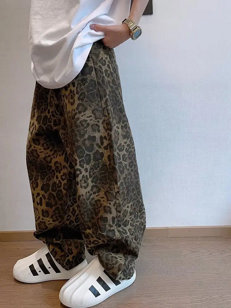 Jeans Oversize Leopardo para Hombre – Pantalones Denim de Pierna Ancha, Streetwear Hip Hop Vintage, Casual con Estampado Animal