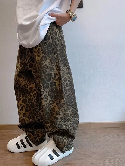 Jeans Oversize Leopardo para Hombre – Pantalones Denim de Pierna Ancha, Streetwear Hip Hop Vintage, Casual con Estampado Animal