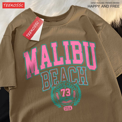 Camiseta Oversize Malibu Beach – T-shirt Casual Unisex con Estampado de Letras, Algodón, Cuello Redondo