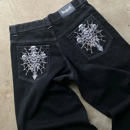 Jeans Oversize Hombre Y2K Gótico Rock | Pantalones Anchos Estampado Calavera Skeleton Streetwear Hip Hop Harajuku