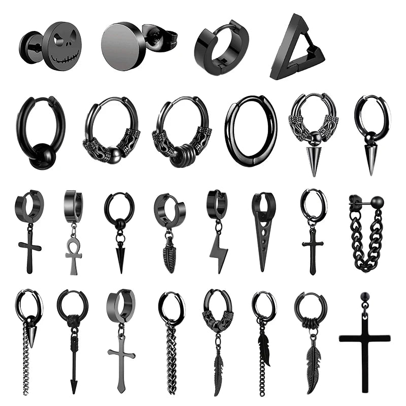 Aretes Punk de Acero Inoxidable Negro – 1 Par de Pendientes Unisex Estilo Hip Hop Vintage