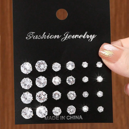 Set de 12 Pares de Aretes de Circonia – Pendientes Brillantes y Elegantes para Mujer, Regalo Ideal