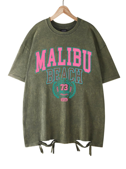 Camiseta Oversize Malibu Beach | T-Shirt Algodón Estampado Letras Estilo Lavado