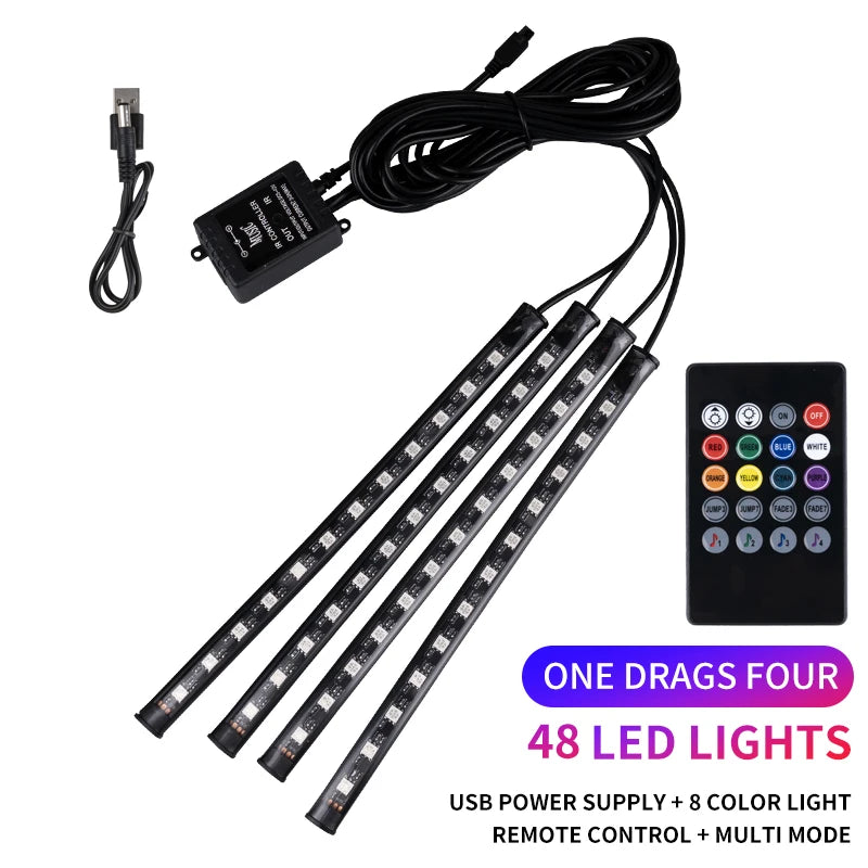 Kit de Luces LED Neón RGB para Interior de Coche | Tiras Decorativas con Control Remoto, App y Modo Música
