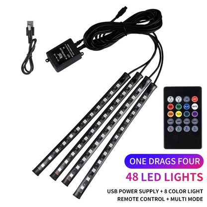 Kit de Luces LED Neón RGB para Interior de Coche | Tiras Decorativas con Control Remoto, App y Modo Música