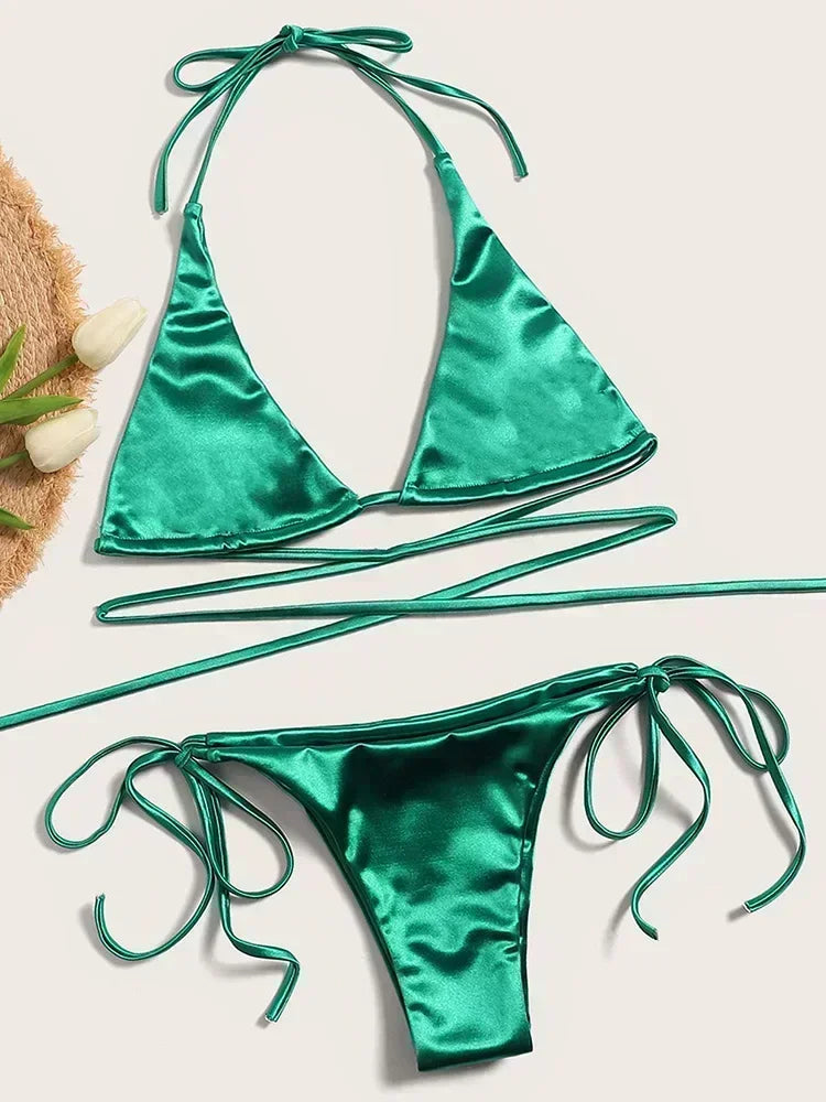 Bikini Brasileño Halter Mujer | Satinado Metálico Push Up 2 Piezas