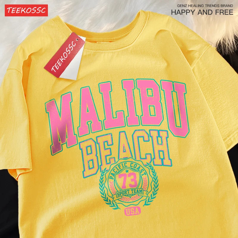 Camiseta Oversize Malibu Beach – T-shirt Casual Unisex con Estampado de Letras, Algodón, Cuello Redondo