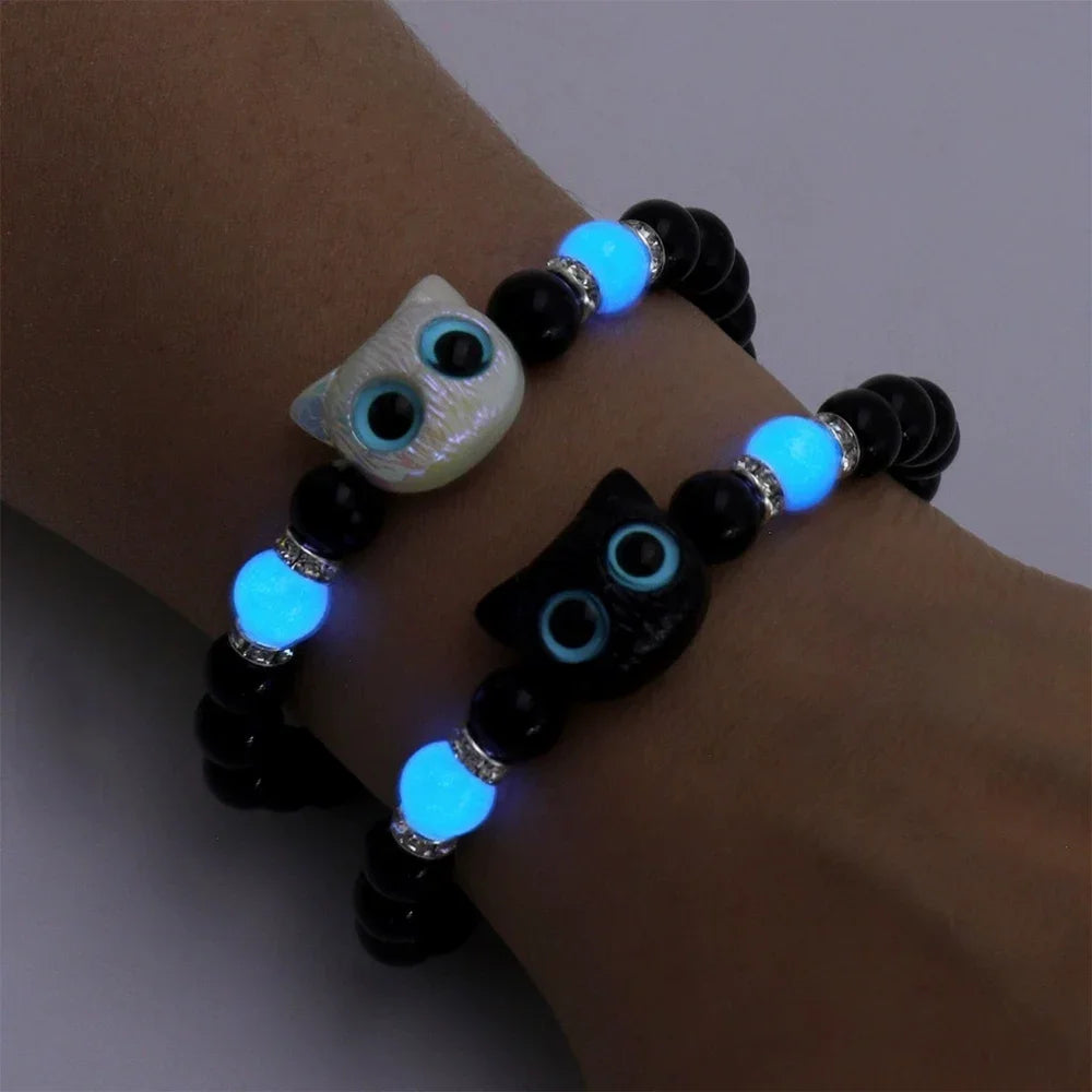 Pulsera de Pareja con Gato Luminoso – Brazalete de Cuentas Negro y Blanco para Amistad o Amor