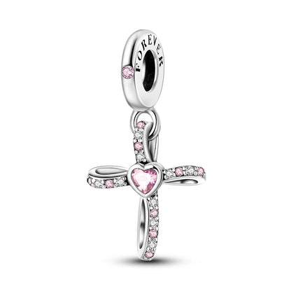 Original 925 Sterling Silver Pink Series Charms Beads Bow Perfume Bottle Heart-Shaped Cross Pendant Fit Bracelet DIY Jewelry