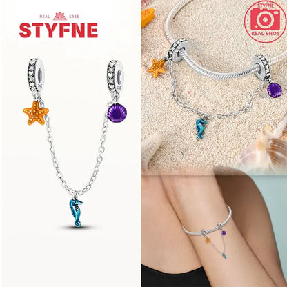 Charm Gato con Corazón de Plata 925 | Cadena de Seguridad para Pulseras Pandora Mujer