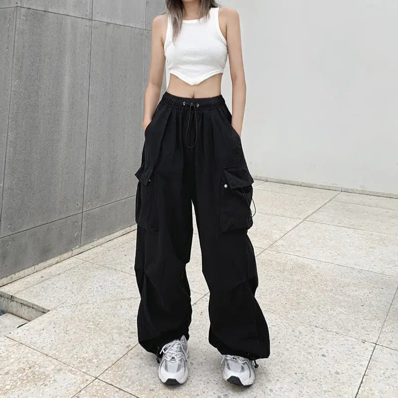 Women's loose oversized multi pocket black multi-color casual pants with wide legs