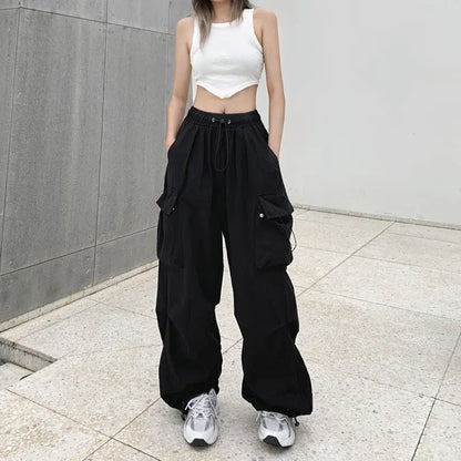 Women's loose oversized multi pocket black multi-color casual pants with wide legs