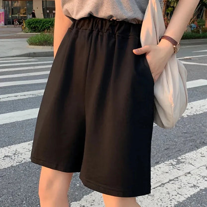 Short Negro Mujer Cintura Alta Elástica | Pantaloneta Oversize Pierna Ancha Y2K Verano Unisex