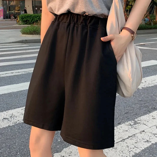 Short Negro Mujer Cintura Alta Elástica | Pantaloneta Oversize Pierna Ancha Y2K Verano Unisex