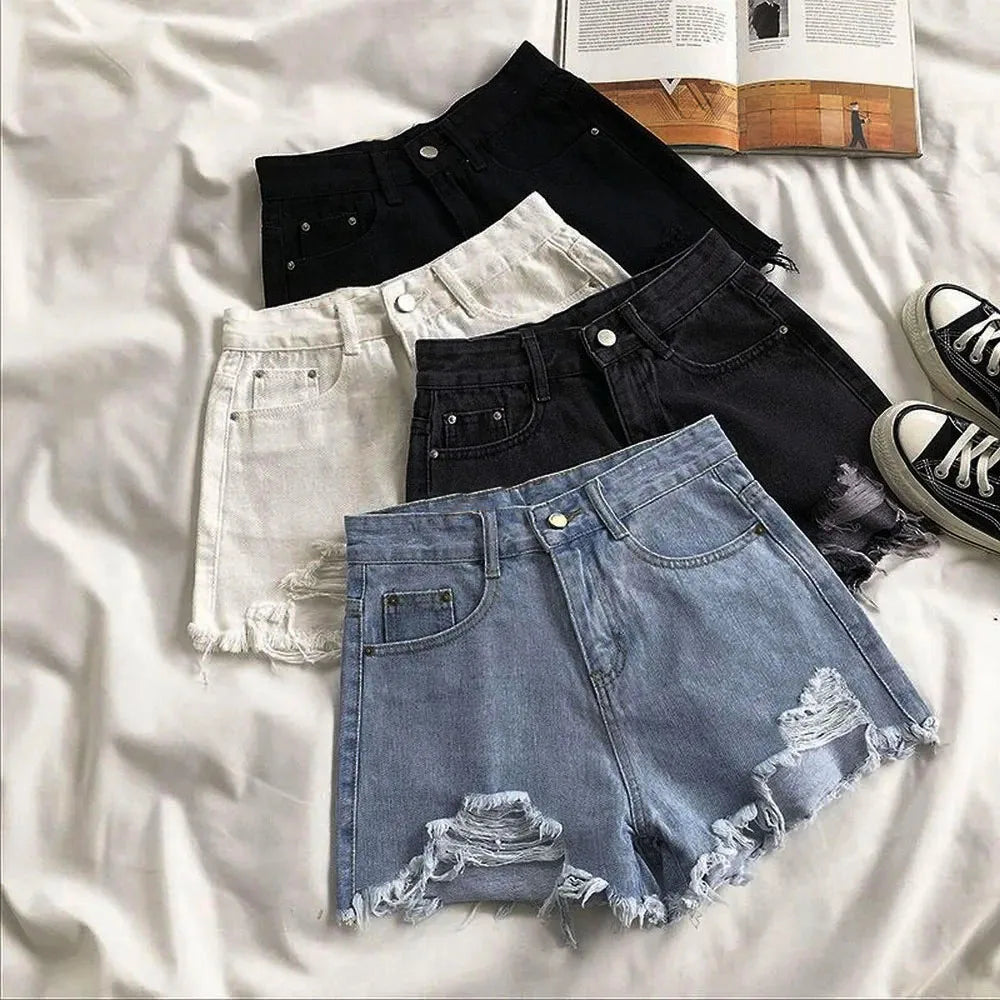 Shorts Vaqueros Mujer Cintura Alta | Denim Azul Coreano con Flecos y Detalles Y2K