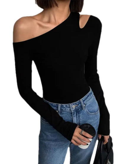 Top Mujer Sexy Escote Asimétrico | Camiseta Manga Larga Off Shoulder Slim Crop Primavera