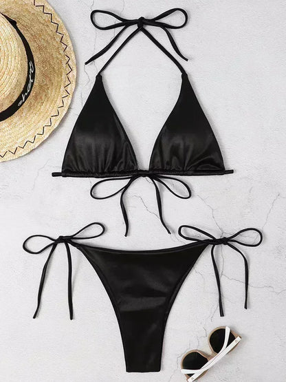 Bikini Brasileño Halter Mujer | Satinado Metálico Push Up 2 Piezas