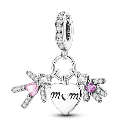 Charm Plata 925 Día de la Madre | Dije Corazón Rosa Love Mom Compatible Pandora Pulsera Collar Mujer