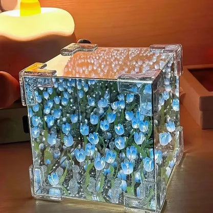 Lámpara cúbica DIY tulipán con espejo – Luz nocturna de mesa simulación flor para dormitorio