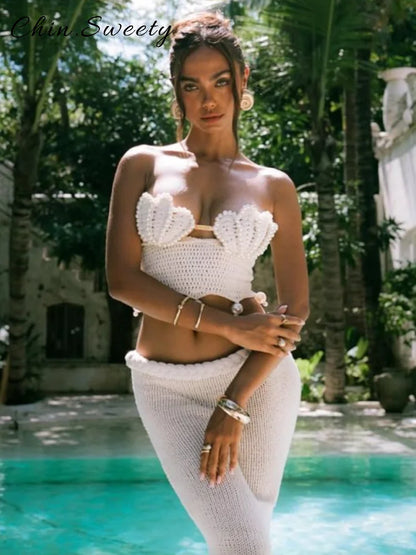 Conjunto Bikini Mujer 2025 | Crochet Hueco con Perlas Top y Falda Playa