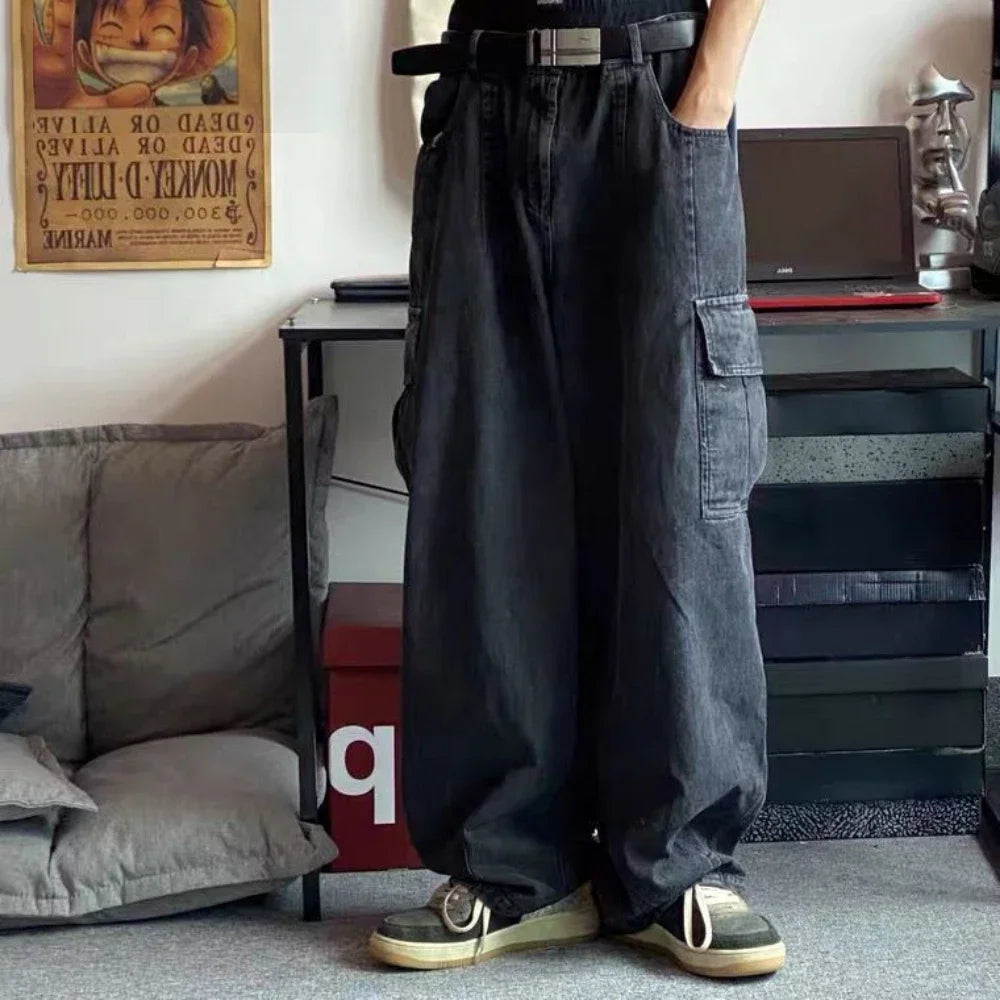 Jeans Baggy Negros para Hombre – Pantalones Denim Oversize Pierna Ancha Cargo Estilo Coreano Streetwear Hip Hop Harajuku