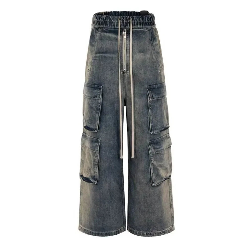 Pantalones Cargo Hombre Multibolsillos | Jeans Oversize Baggy con Cintas Degradadas y Cordón Ajustable Streetwear