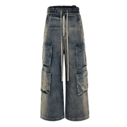 Pantalones Cargo Hombre Multibolsillos | Jeans Oversize Baggy con Cintas Degradadas y Cordón Ajustable Streetwear