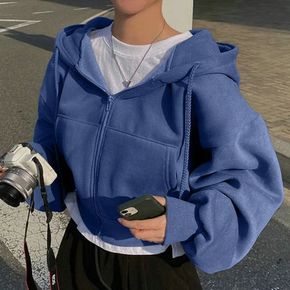 Sudadera Corta Mujer Azul Marino | Con Capucha Cremallera y Forro Polar Primavera Otoño
