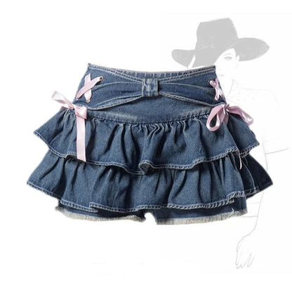 Falda Corta Plisada Mujer Denim Azul | Diseño con Lazo y Shorts Internos Estilo A-Line