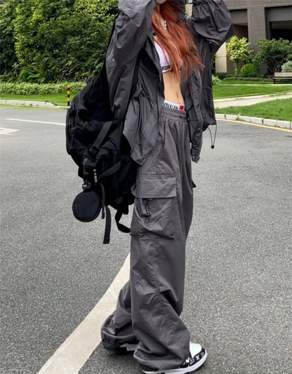 Pantalón Parachute Negro Mujer Y2K | Cargo Oversize Bolsillos Streetwear Harajuku