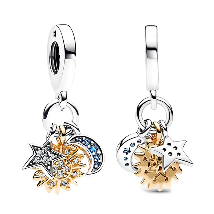 Charm Plata 925 Colgante Colorido Sol Luna Estrellas | Dije Compatible Pandora Pulsera y Collar Mujer