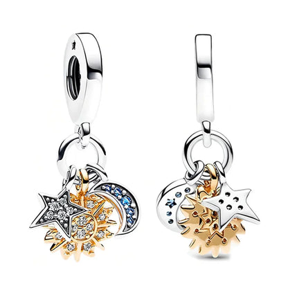 Charm Plata 925 Colgante Colorido Sol Luna Estrellas | Dije Compatible Pandora Pulsera y Collar Mujer