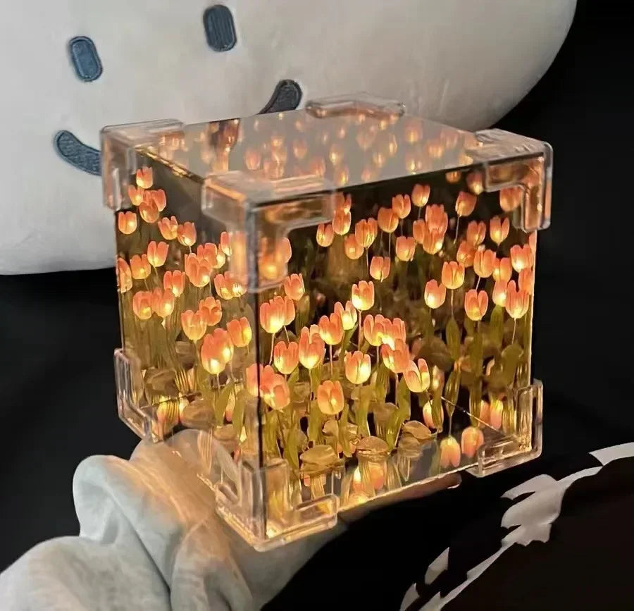 Lámpara cúbica DIY tulipán con espejo – Luz nocturna de mesa simulación flor para dormitorio