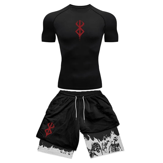 Conjunto Compresivo Anime 3D para Hombre – Camiseta de Manga Corta y Shorts de Gym, Secado Rápido y Transpirable