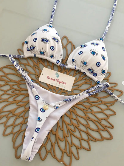 Bikini Retro Mujer 2025 | Micro Brasileño Estampado con Cordones Backless