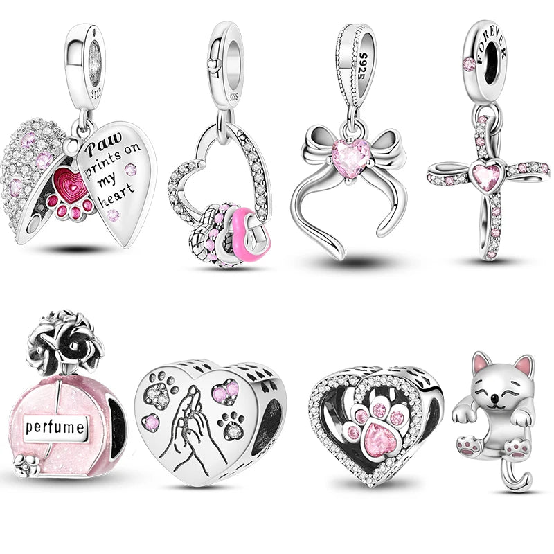 Charm de Plata 925 Rosa con Corazón, Perfume, Lazo y Cruz – Abalorios Elegantes para Pulseras Originales