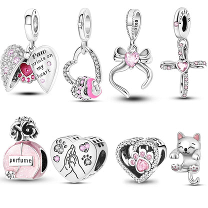 Charm de Plata 925 Rosa con Corazón, Perfume, Lazo y Cruz – Abalorios Elegantes para Pulseras Originales