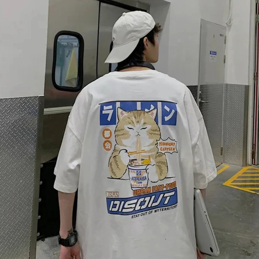 Camiseta Unisex 2025 | Estilo Harajuku con Gato y Noodles Gráfico