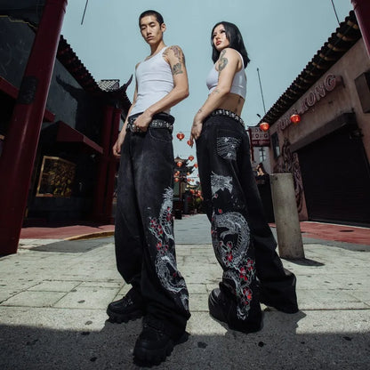 Jeans Baggy Bordados Hombre | Pantalones Oversize Y2K Hip Hop Streetwear Harajuku Cintura Alta Pierna Ancha
